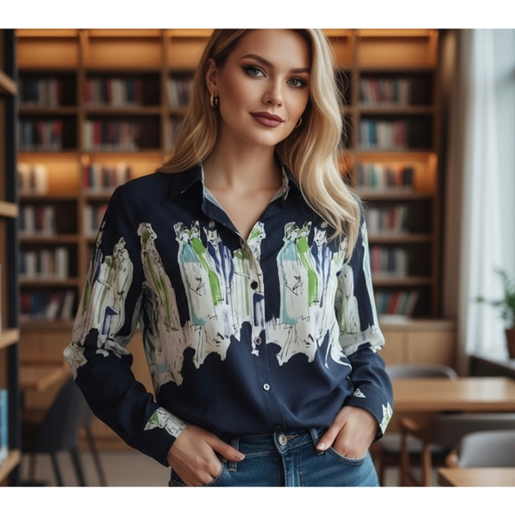 Ellen Tracy Tops - Ellen Tracy Silk Navy White Abstract Print Button Down Size 6